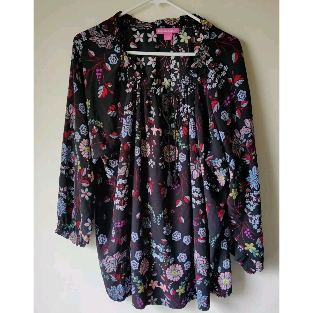 Woman Within Black Floral Plus 22/24 Casual or Dress Soft Rayon Keyhole Tassels